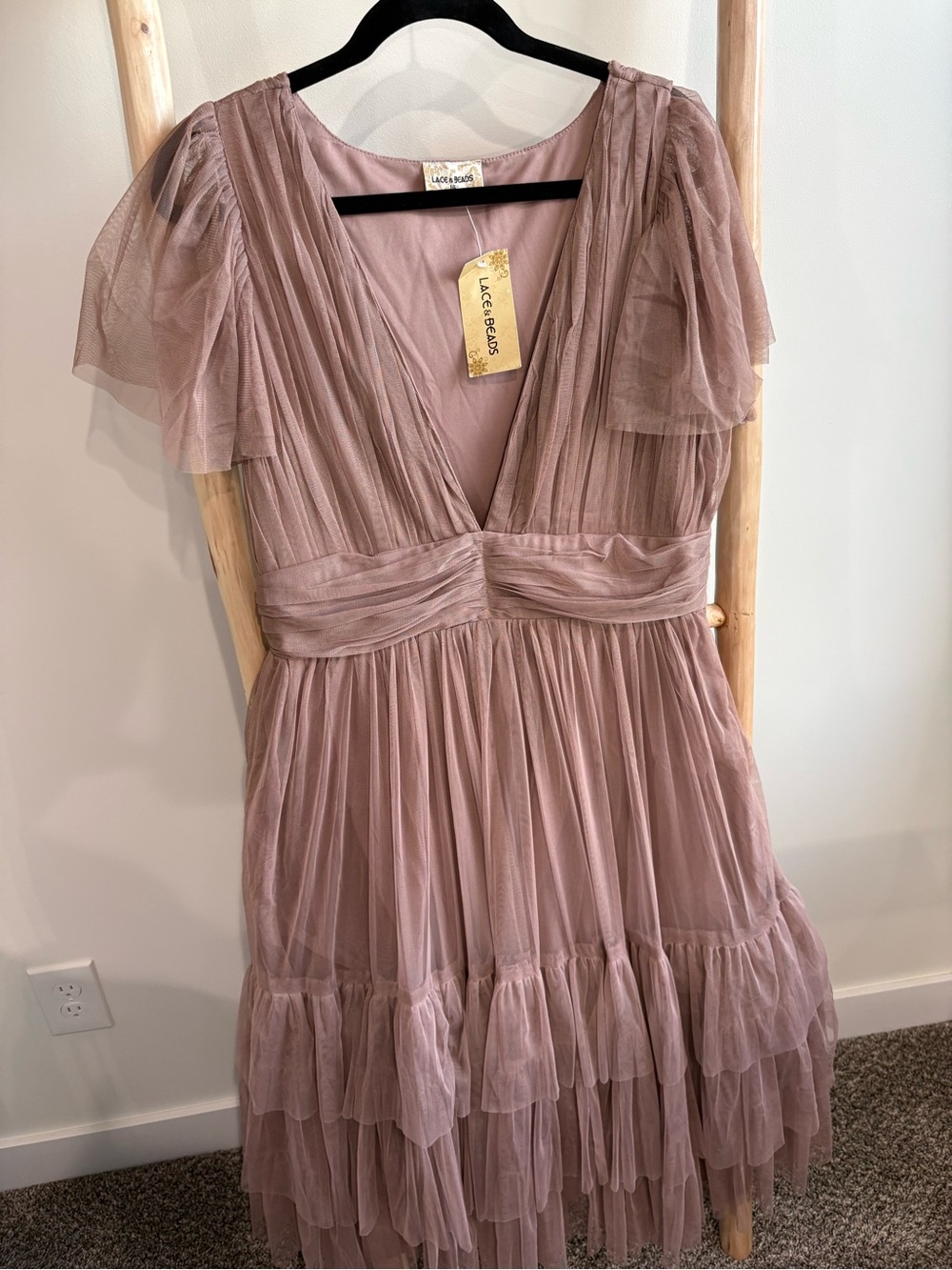 NWT ASOS Lace & Beads Madison Mauve Tulle V-Neck Tiered Dress